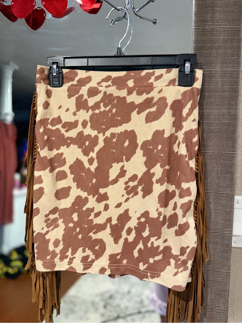 Fringed Cowprint Mini Skirt in Brown and Cream Sz Medium fitted